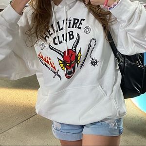 NEW WHITE Stranger Things Hellfire Club Hoodie SIZE LARGE INCLUDES A FREE SHIRT